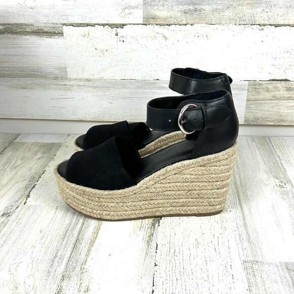 Marc Fisher Women’s 9 Black Leather Buckle Platform Espadrille Sandals NEW - Picture 2 of 10